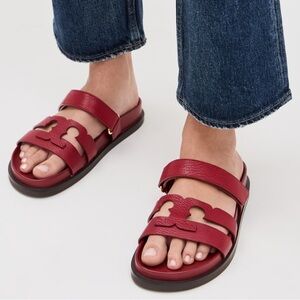 Tory Burch InesRed Leather Double-Strap Logo Slide Sandals